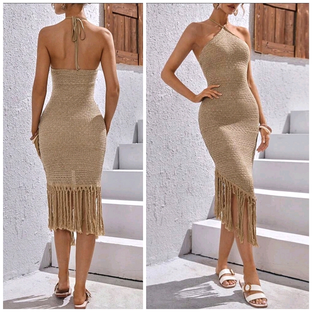New Boho Fringe Trim Crochet Knit Halter Midi Dress Tan Beige Khaki